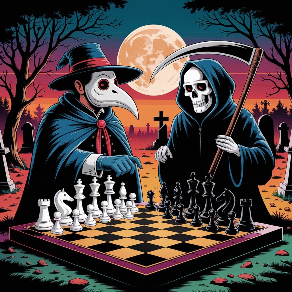 Plague Doctor Meets Grim Reaper in a Haunting Chess Match