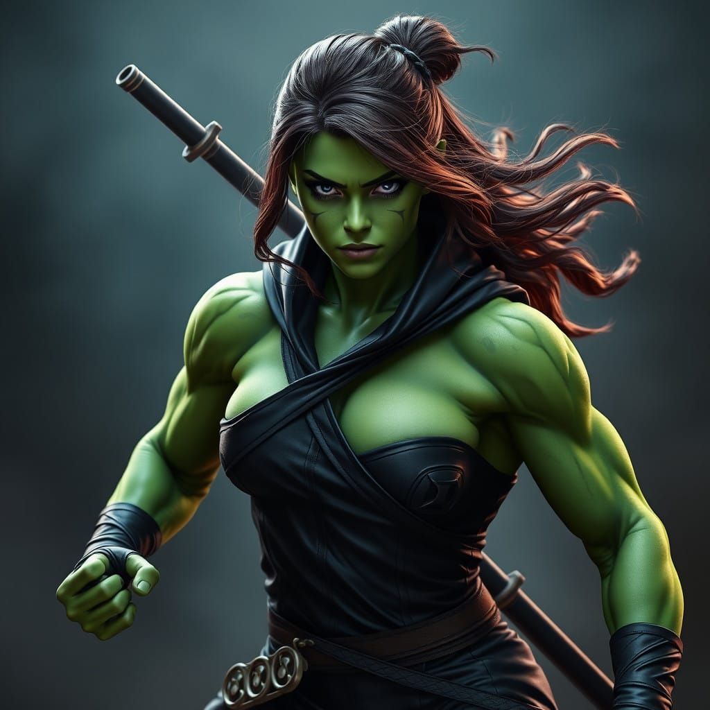 Hyperrealistic Hermione SheHulk Ninja in Detailed Matte Pain...