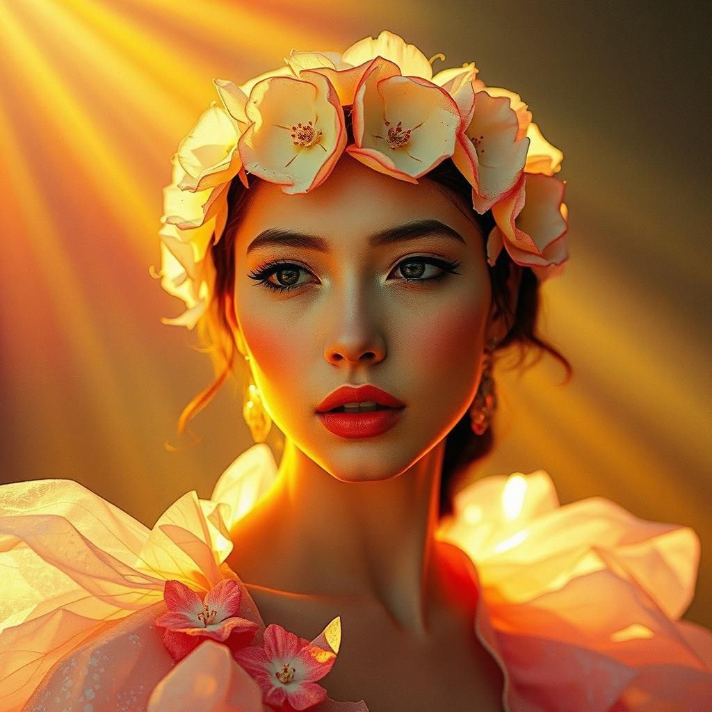 Ethereal Woman Surrounded by Vibrant Flowers