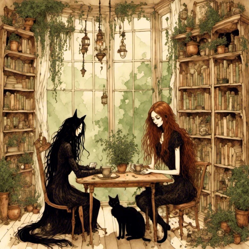 Whimsical Witch Sipping Coffee in Cozy Illustration