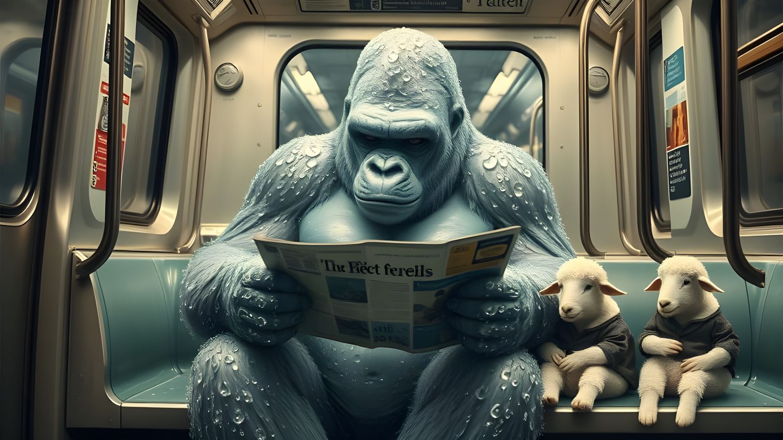 Gigantic Water Droplet Gorilla Reads Newspaper in Subway
