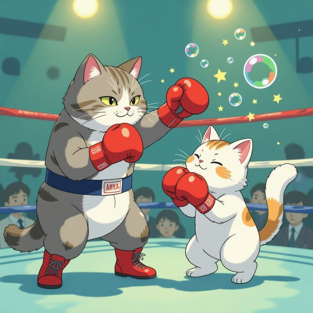 Cats Boxing in Studio Ghibli Watercolor Style