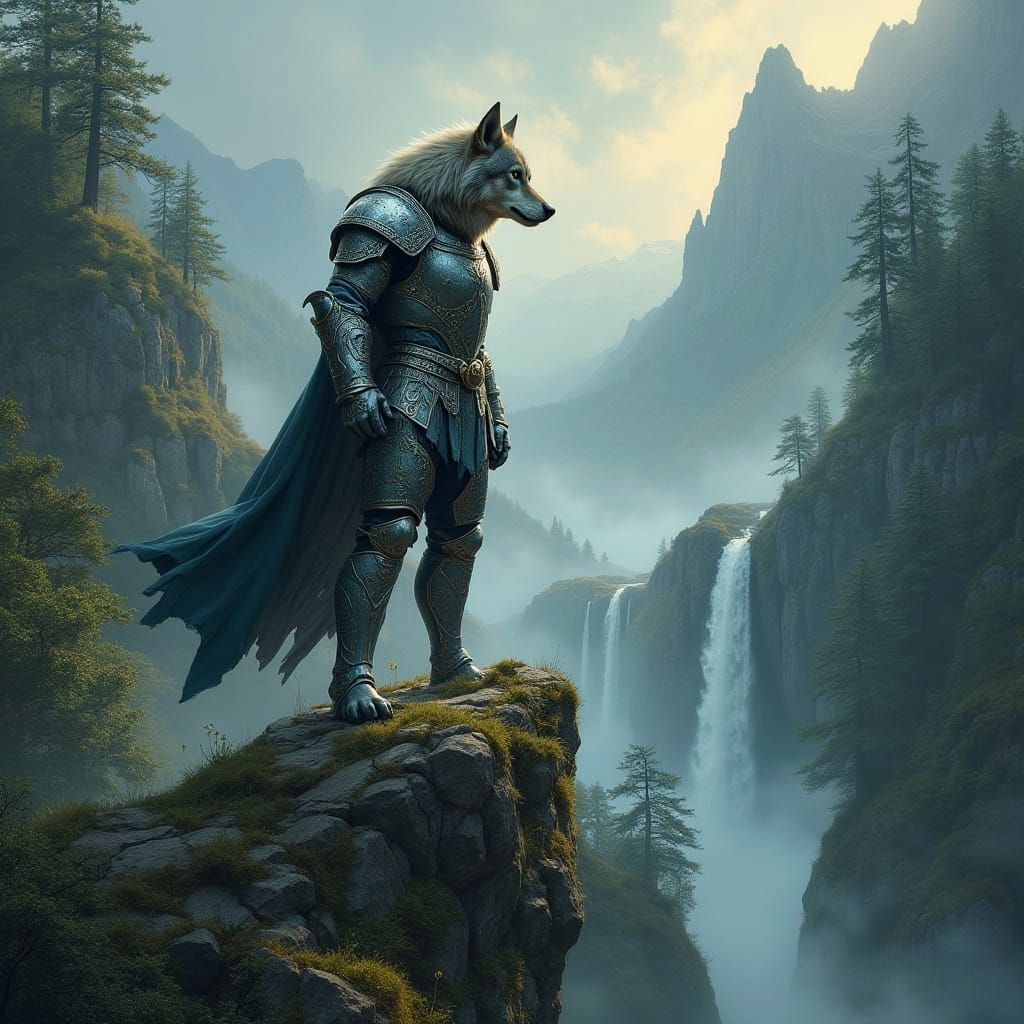 Epic Fantasy Land with a Majestic Werewolf in Armor