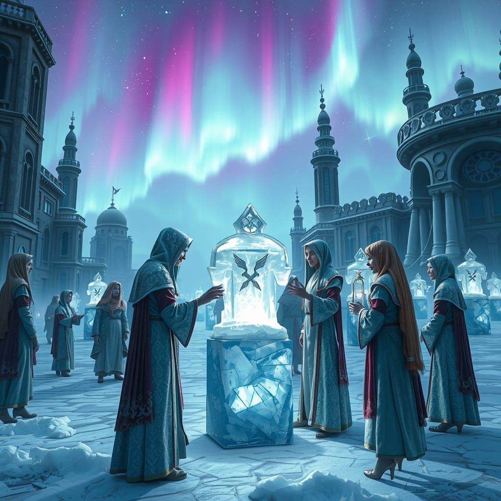 Aurora Borealis Over Frozen City With Robed Figures