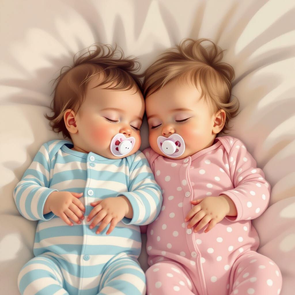 Adorable Sleeping Baby Twins in Delicate Digital Painting St...