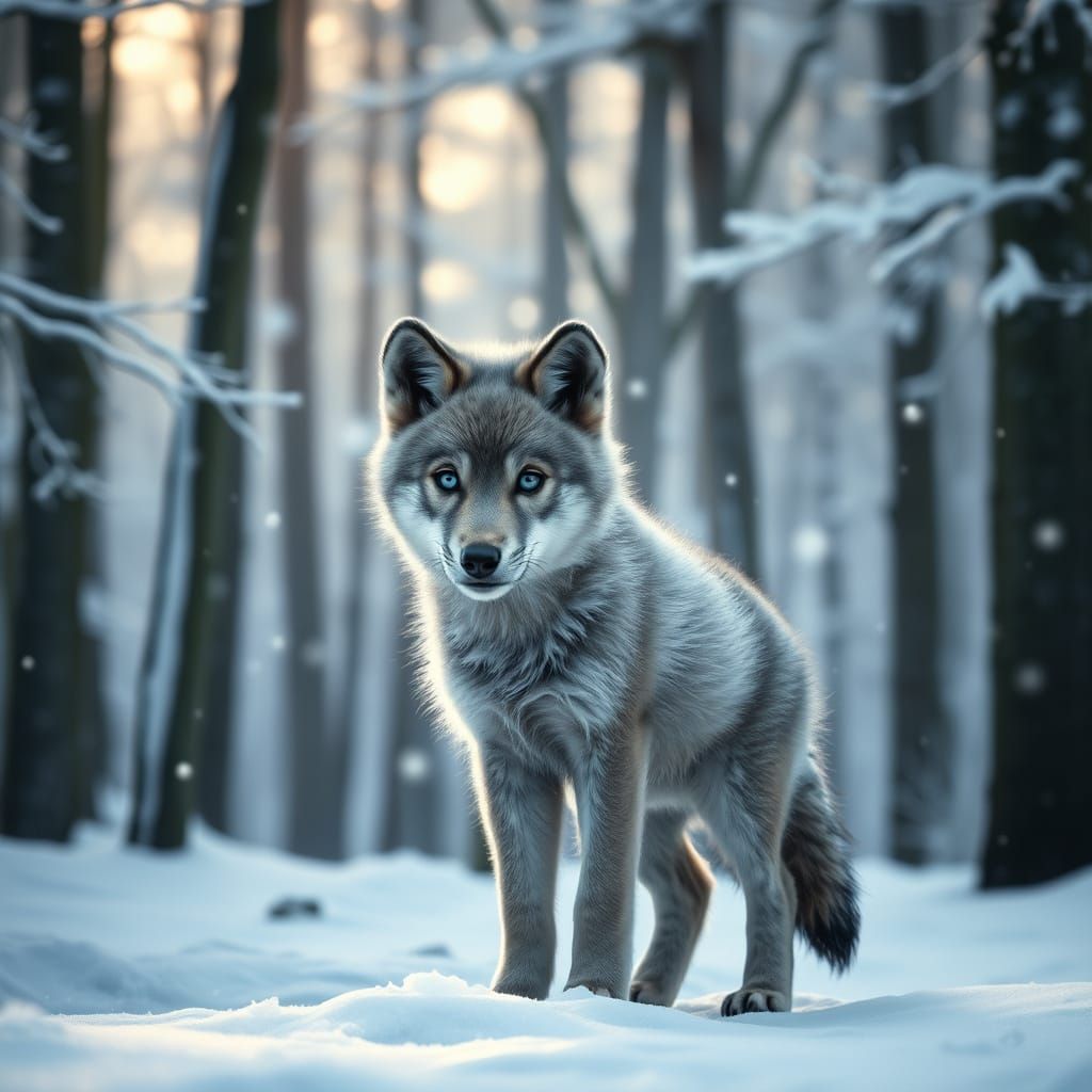 Serene Gray Wolf Pup in Winter Wonderland