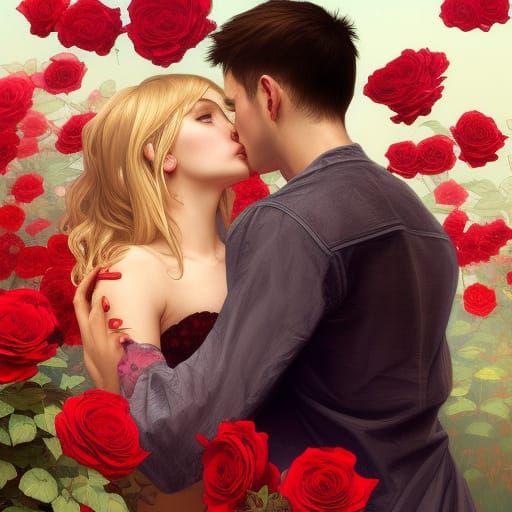 Passionate Kiss Surrounded by Roses in Art Nouveau Style