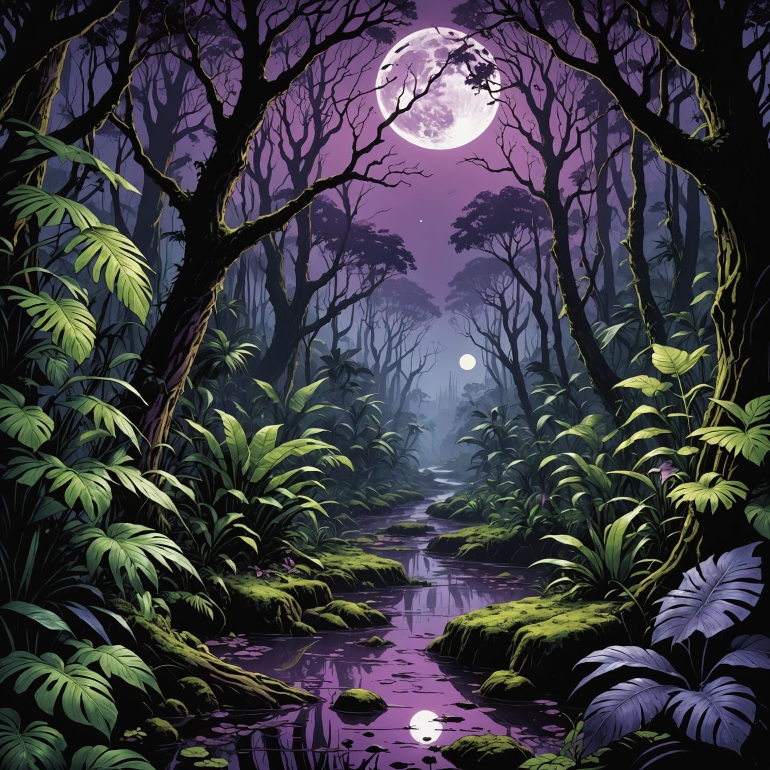 Dark Purple Jungle Swamp in Comic Book Art Style