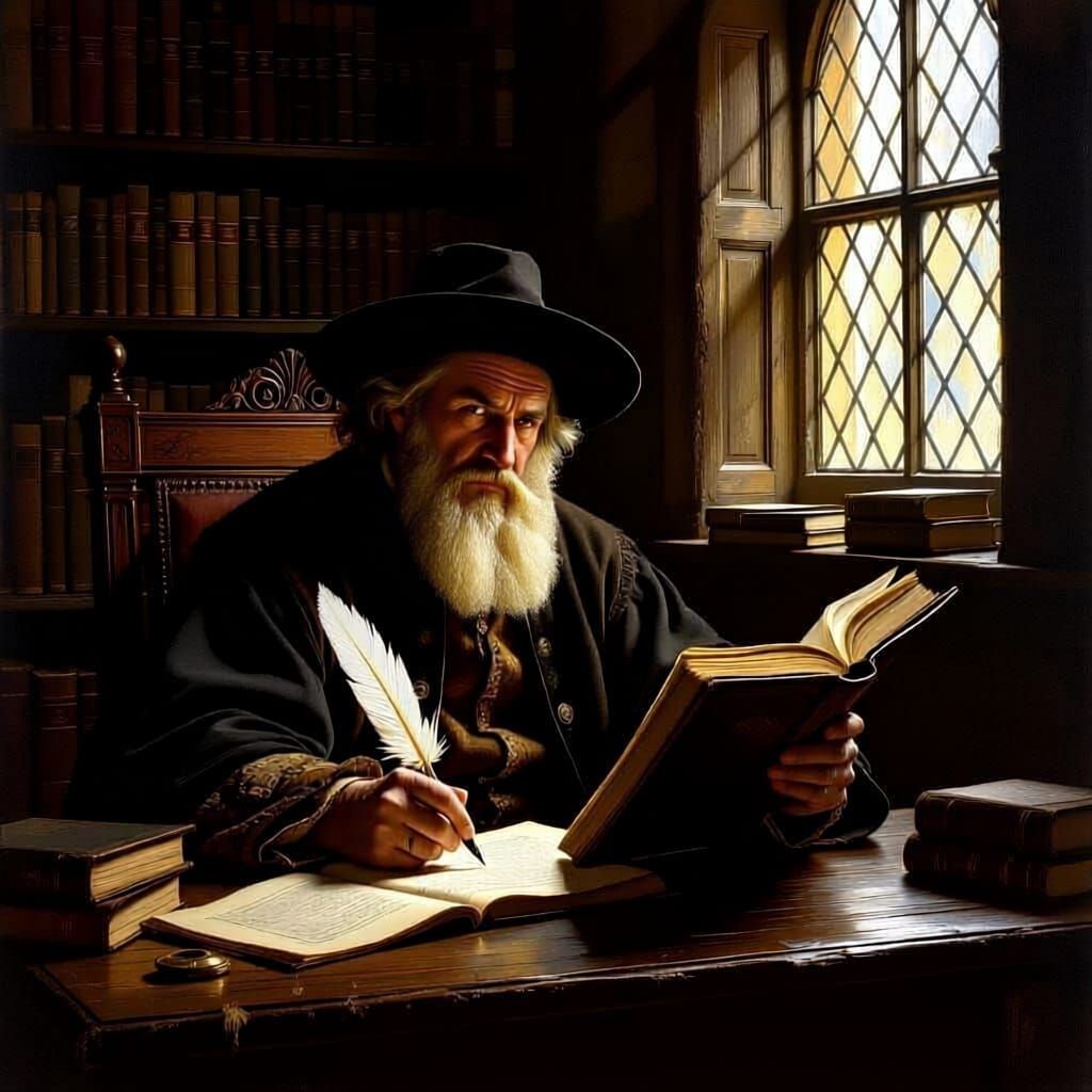 Mediaeval Scholar Looks Up From Reading Book With Quill