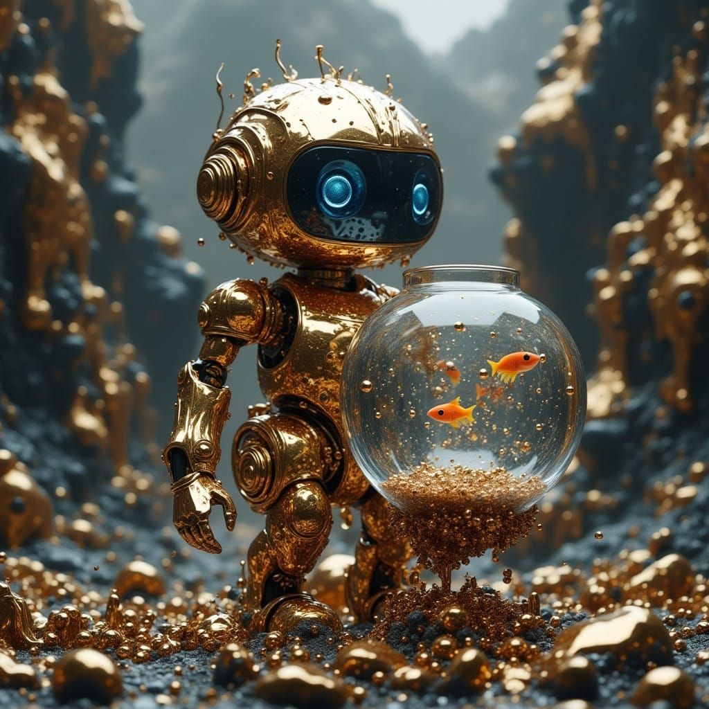 Cute Robot Holding a Fishbowl