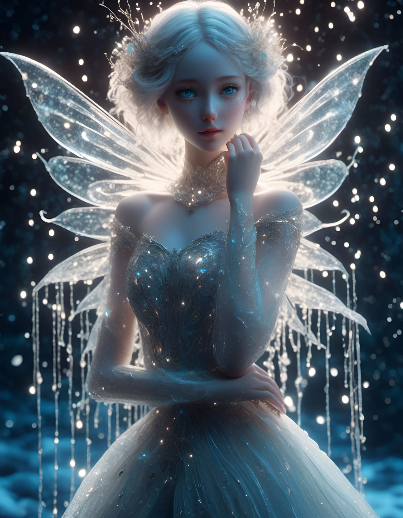 Water Fairy Hugging Sylph in Bioluminescent Grotto