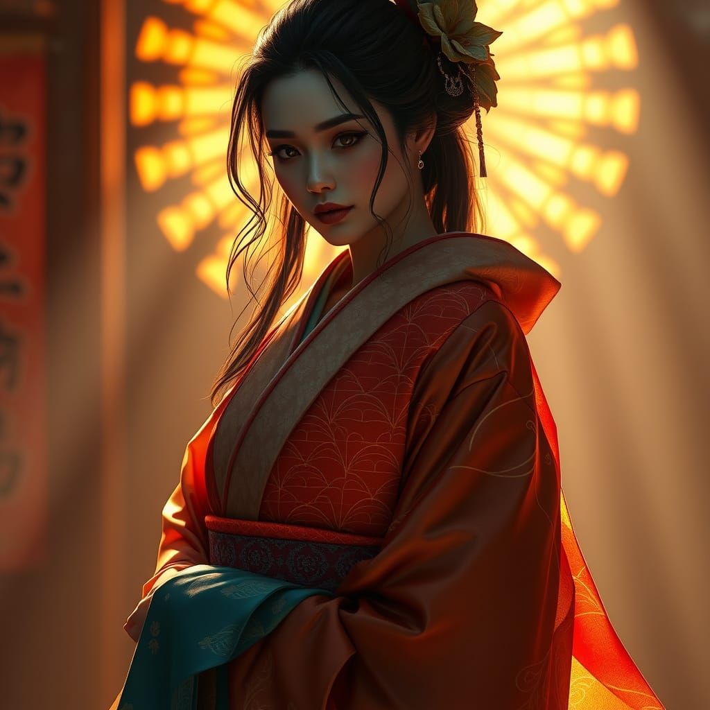 Elegant Kimono Figure in Vibrant, Art Nouveau-Inspired Art