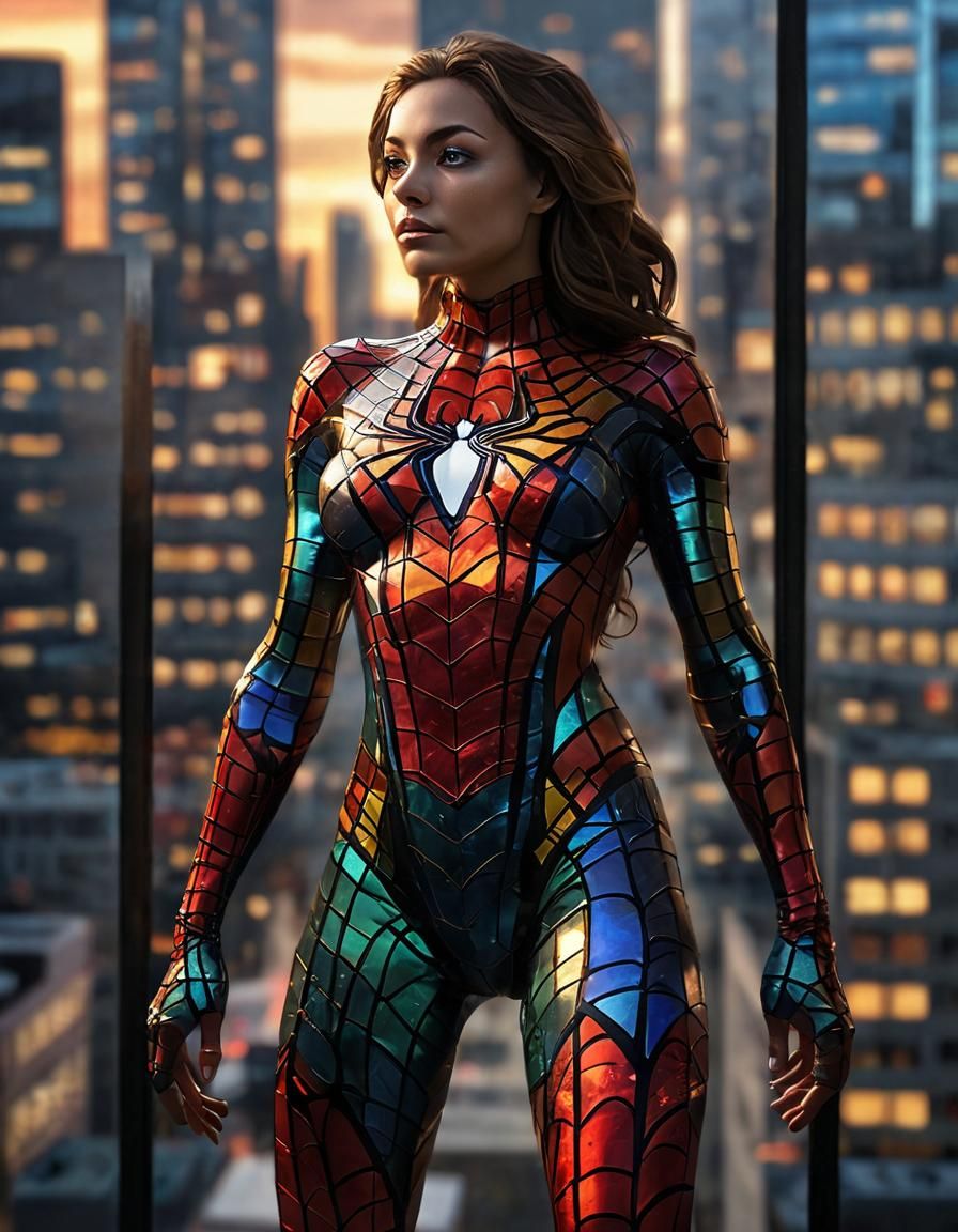 Stained Glass Spider-Woman in Cityscape
