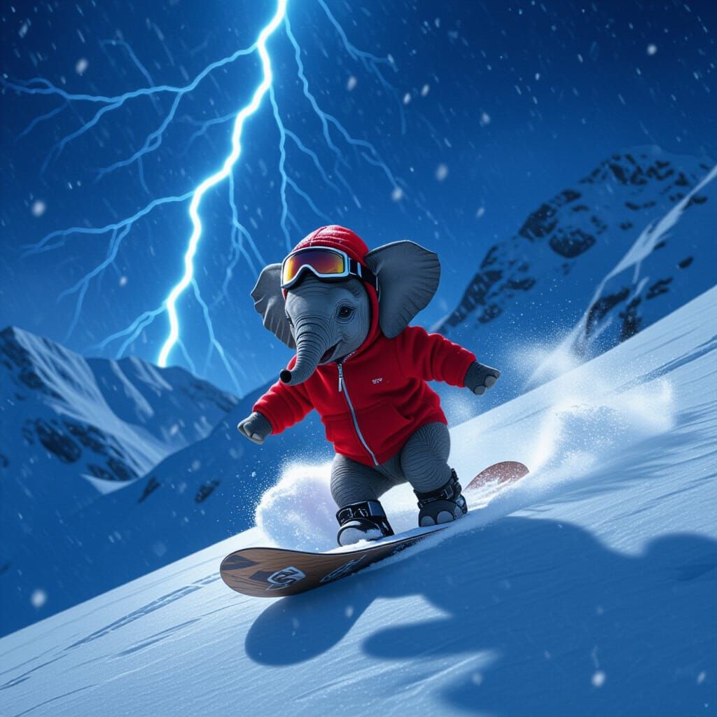 Snowboarding Elephant Calf in Electric Storm
