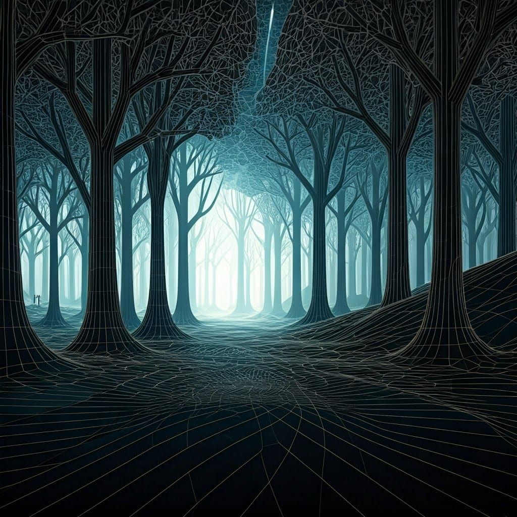 Surreal 3D Wireframe Cityscape with Geometric Sea