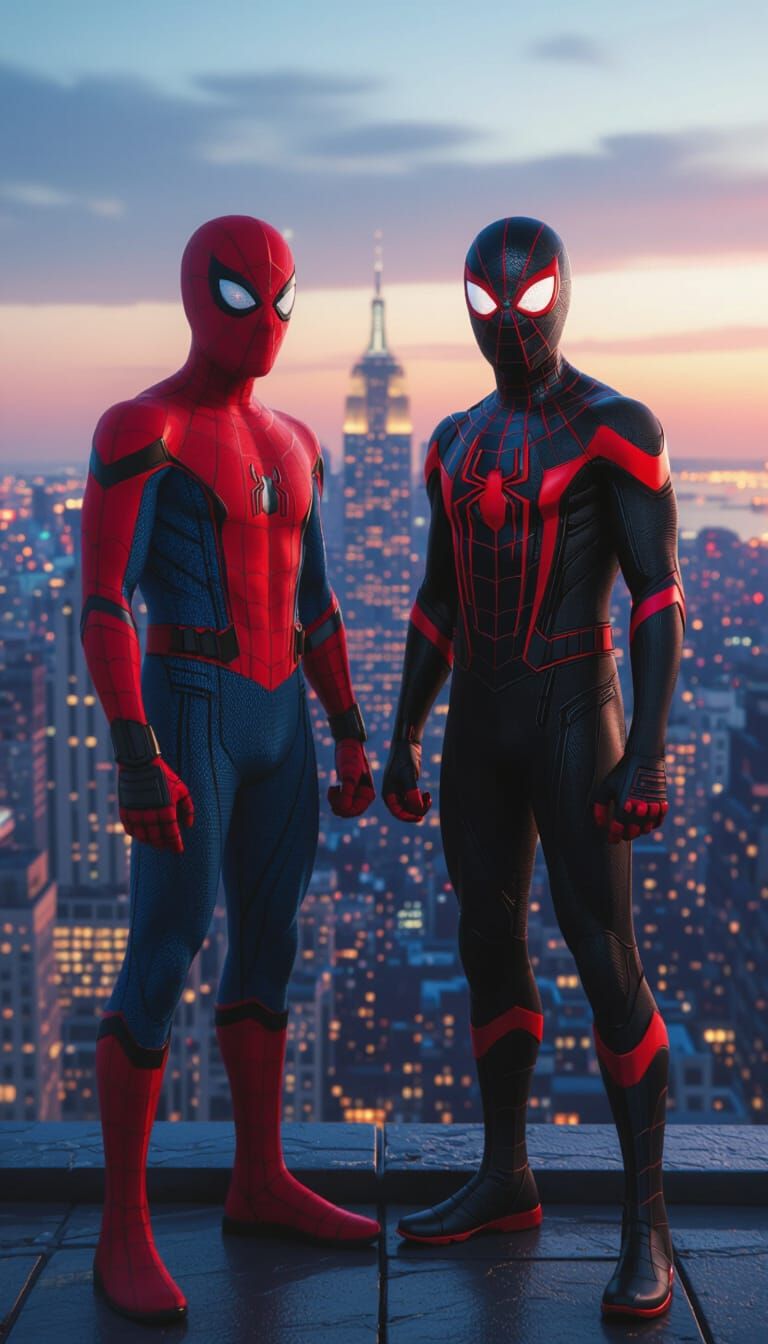 Spider-Man and Miles Morales: Hyperrealistic Rooftop Scene