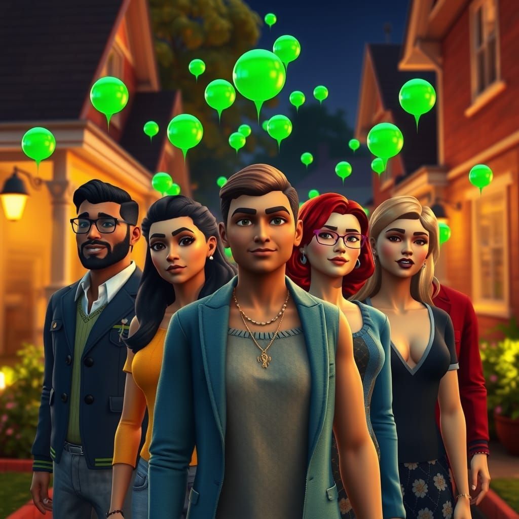 Sims 4 Characters with Green Plumbobs in Neighborhood