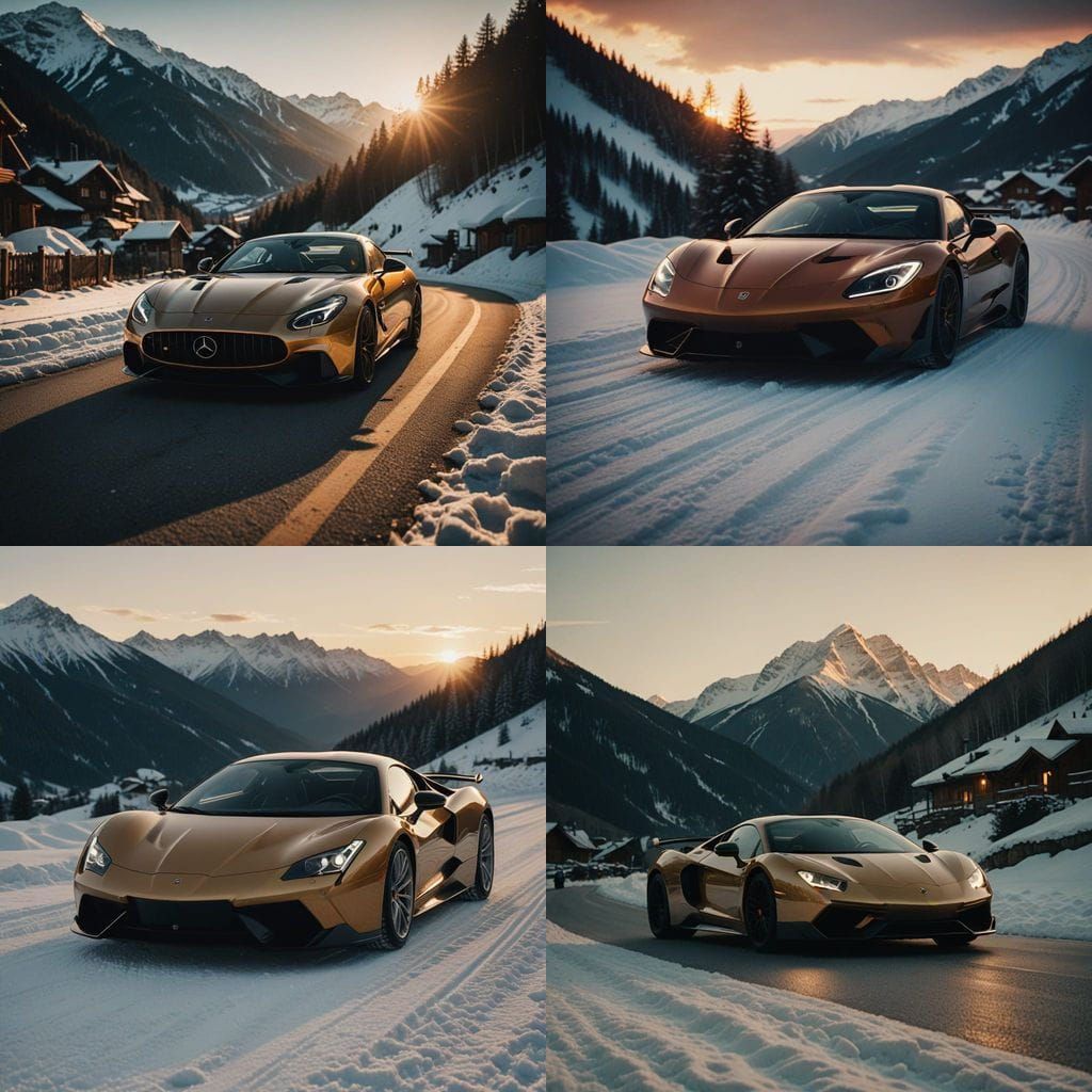 Luxury Sportscar in the Alps at Sunset