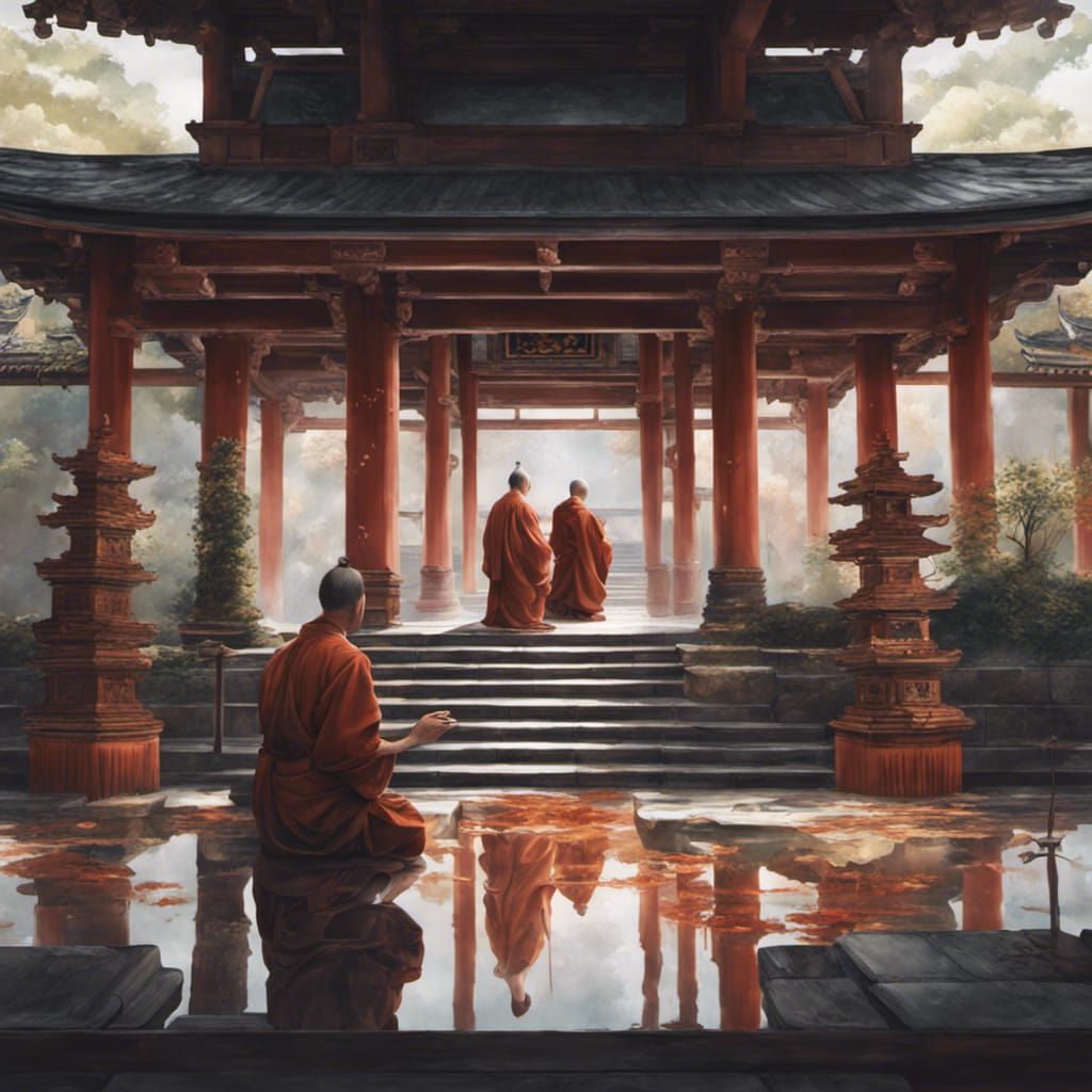 Japanese Temple Interior with Praying Monks