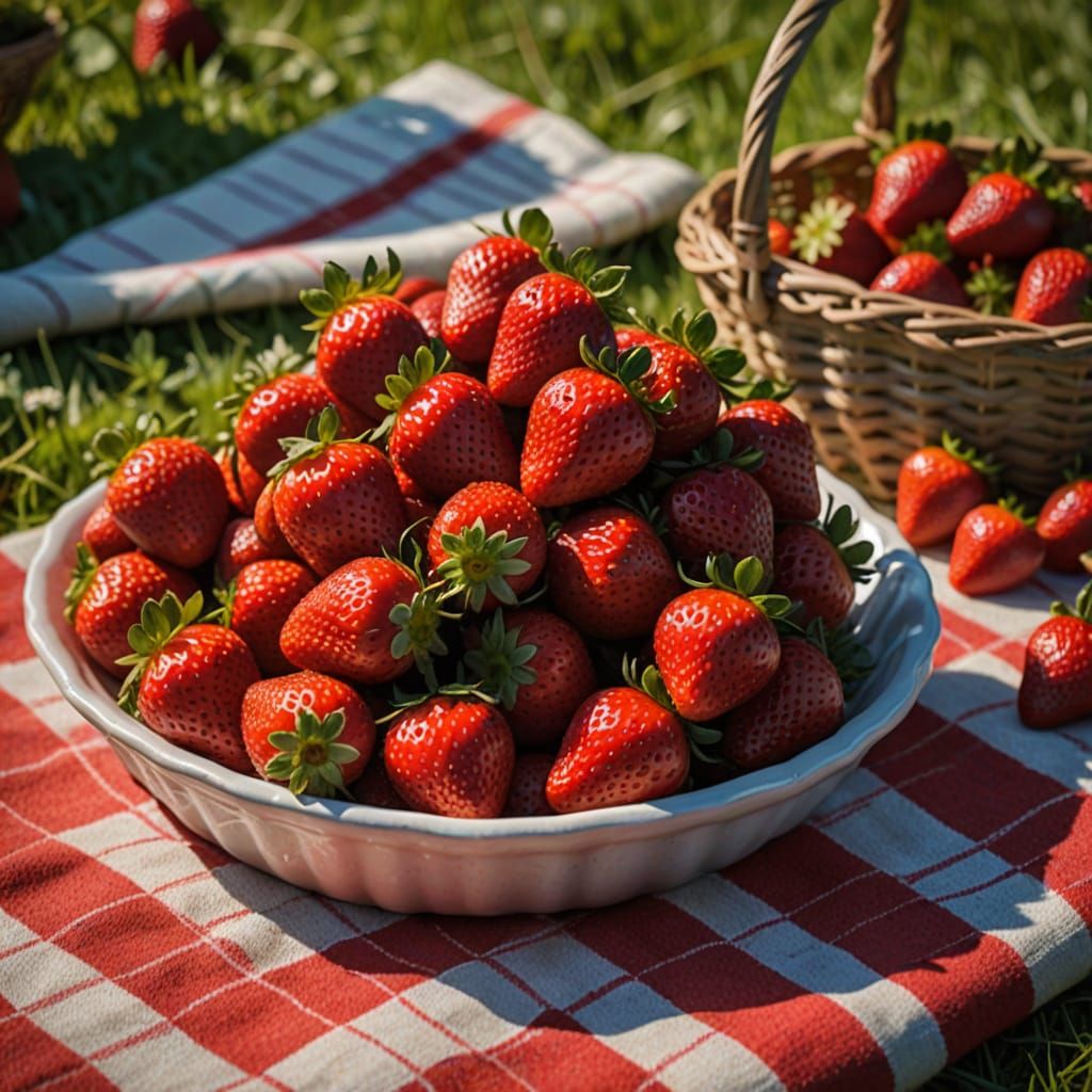 Vibrant Strawberries on Picnic Blanket: Macro Photography
