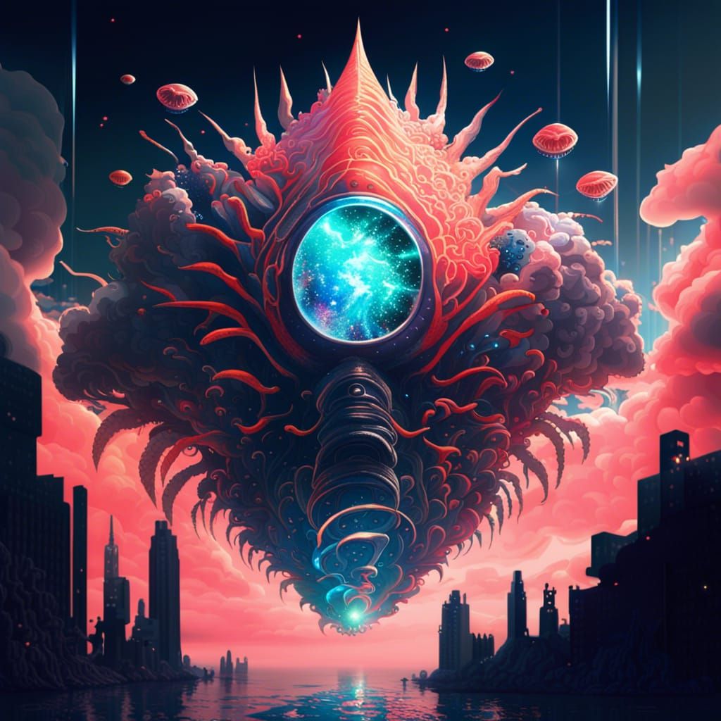 Cyberpunk Celestial Chimera in a Kaleidoscopic Sky