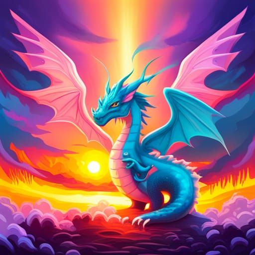 Fluffy pastel dragon with wings, with sunset background