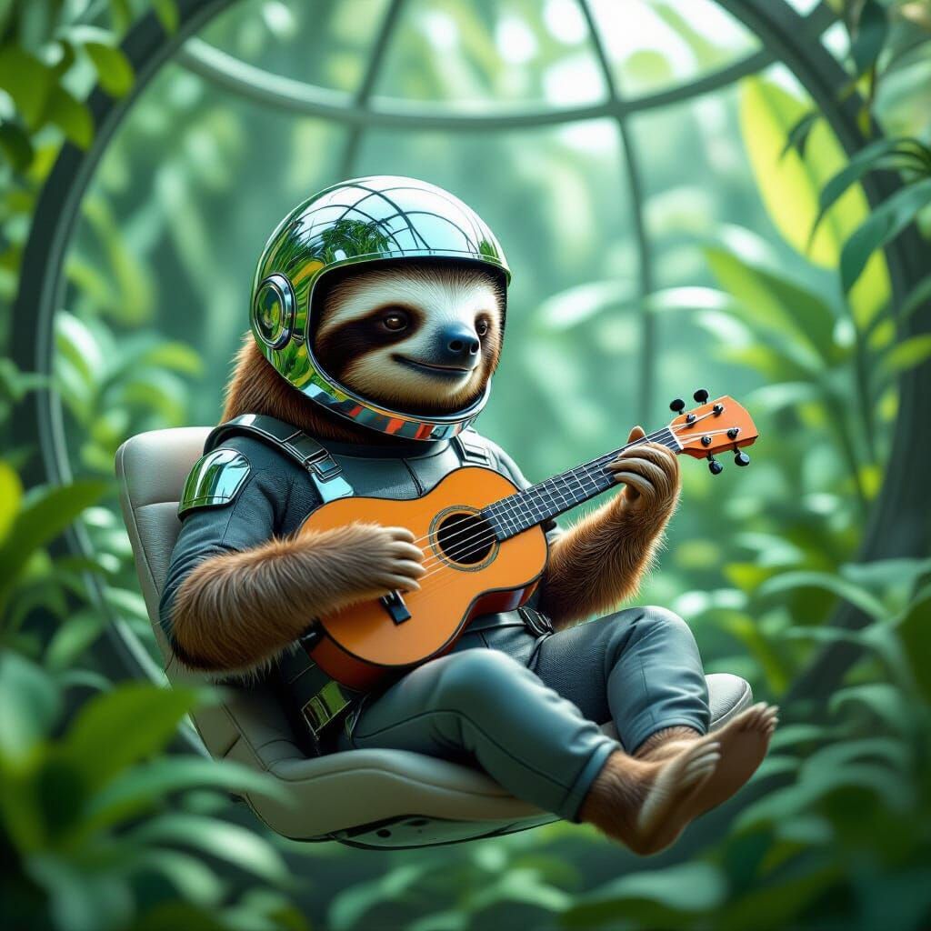 Retro-Futuristic Sloth Plays Cello in Zero-G Biodome