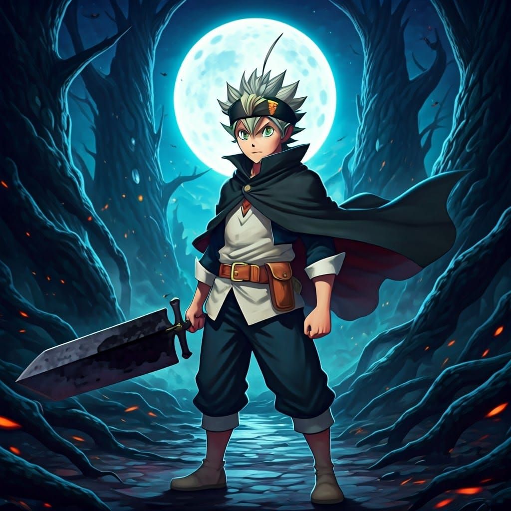 Young Adventurer Stands Ready in Moonlit Forest