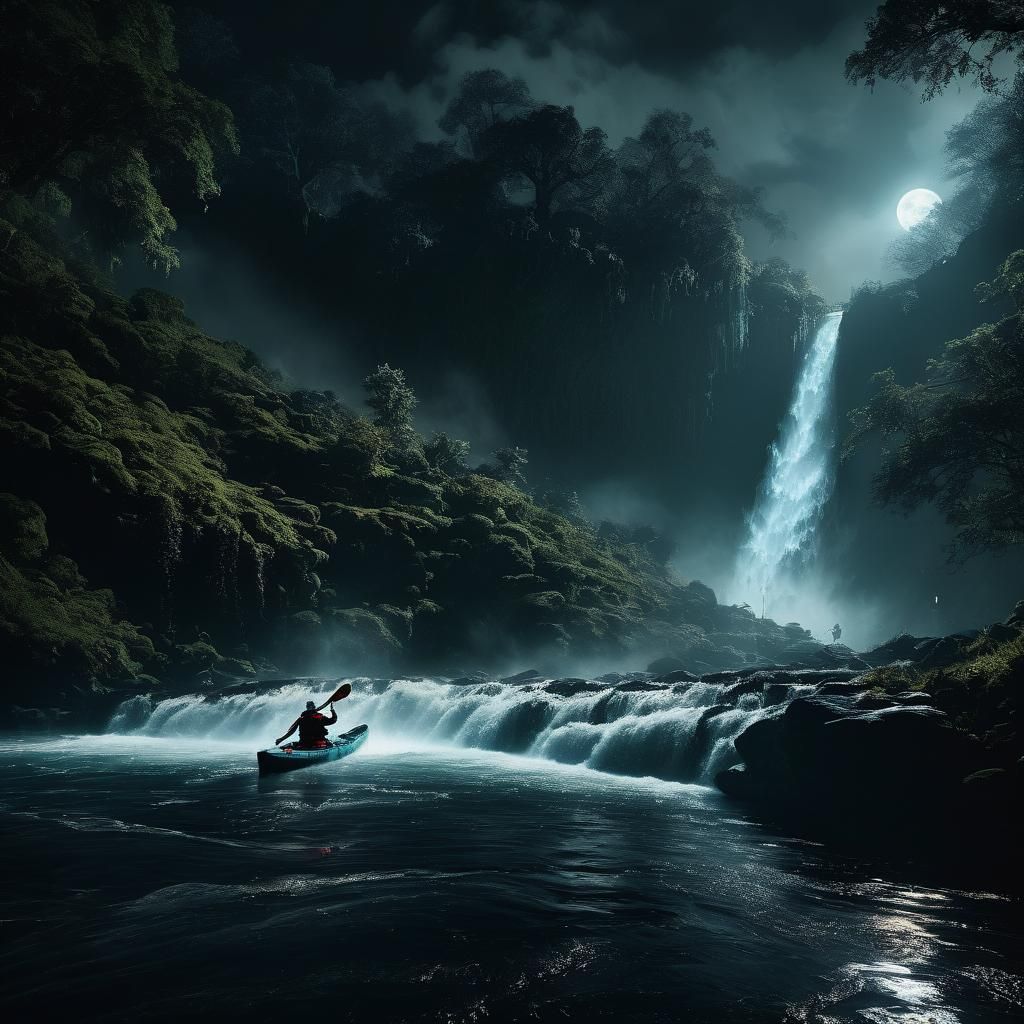 Kayaker Paddling off Waterfall in Dark Fantasy Style