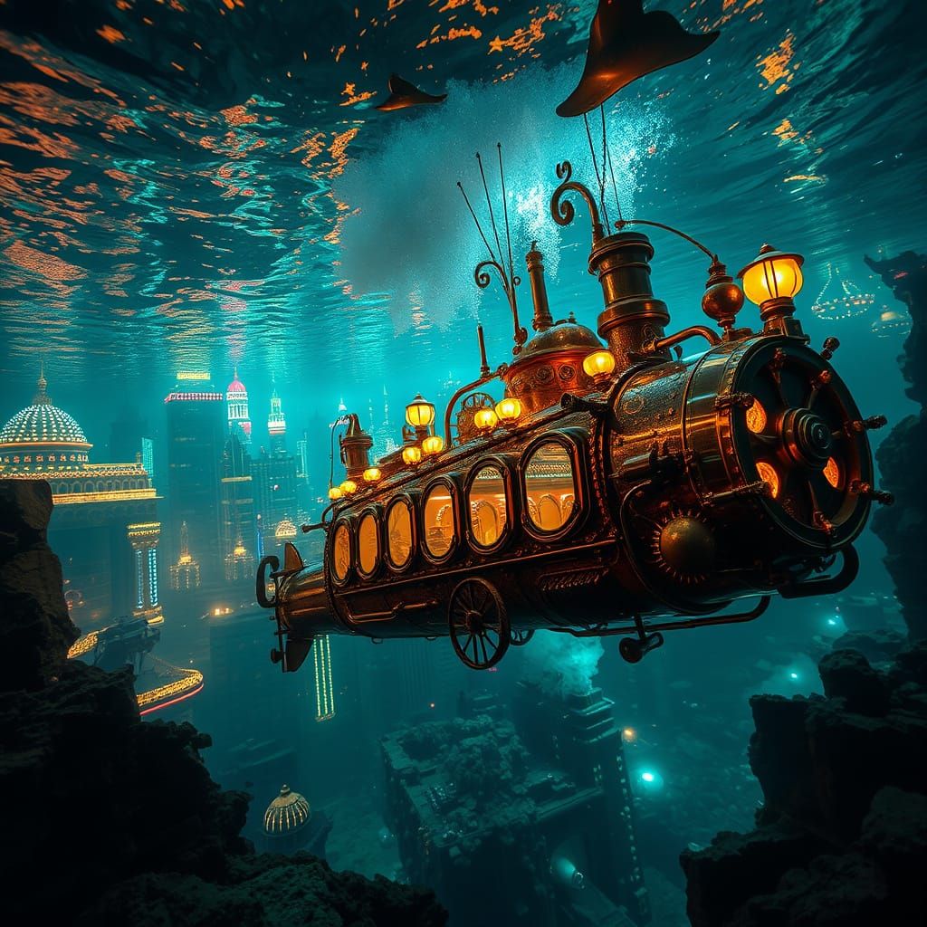 Steampunk Underwater City of Lights in Hyperkraximalismus St...
