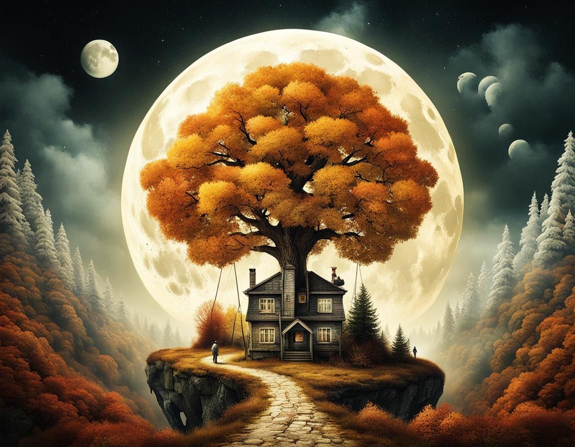 Surreal Autumn Moon Forest Village Dreamscape