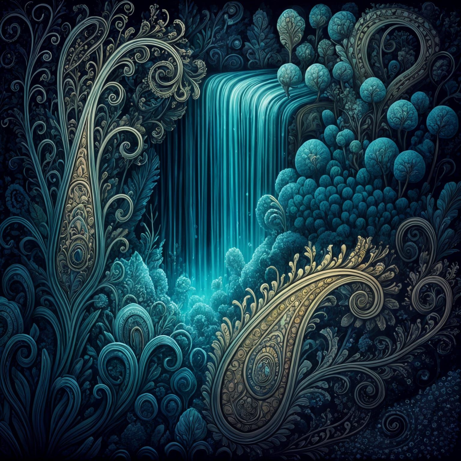Ethereal Paisley Landscape in Midnight Hues