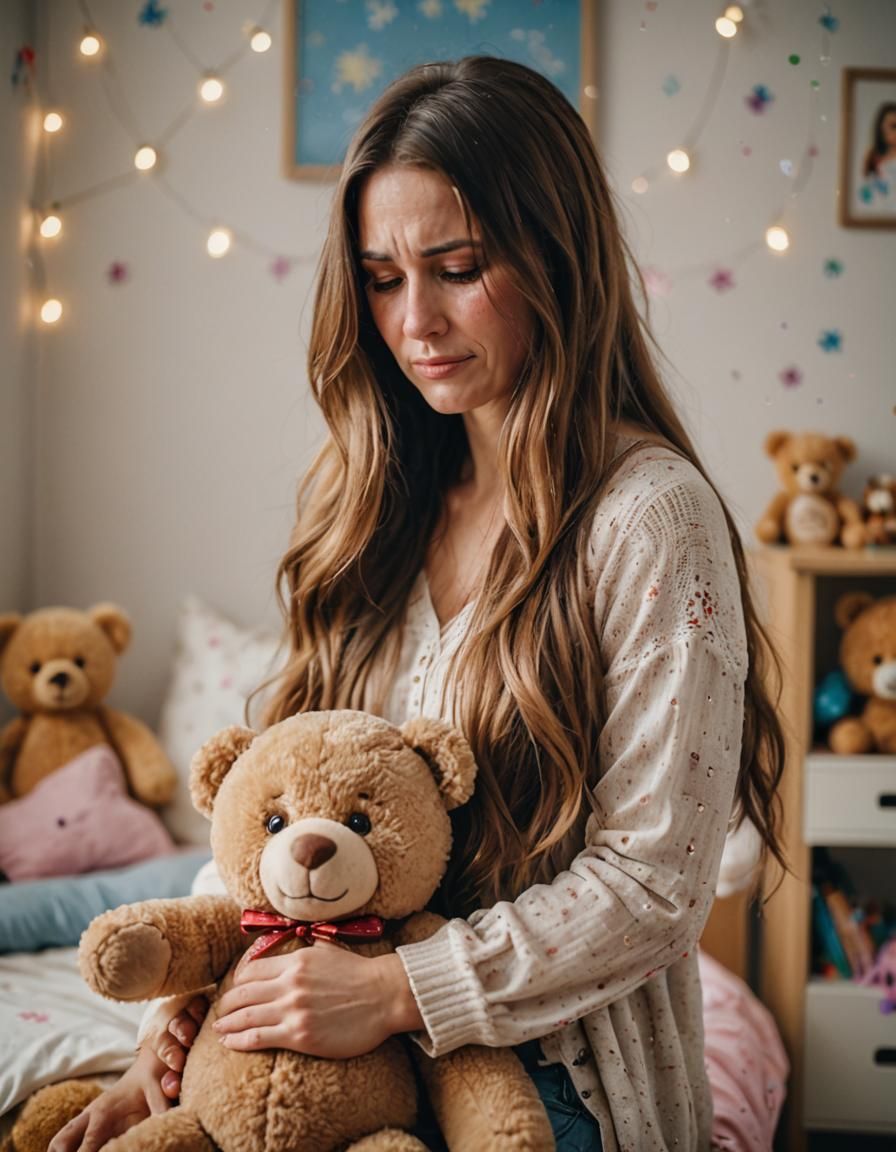 Woman Crying in Child's Room with Teddy Bear