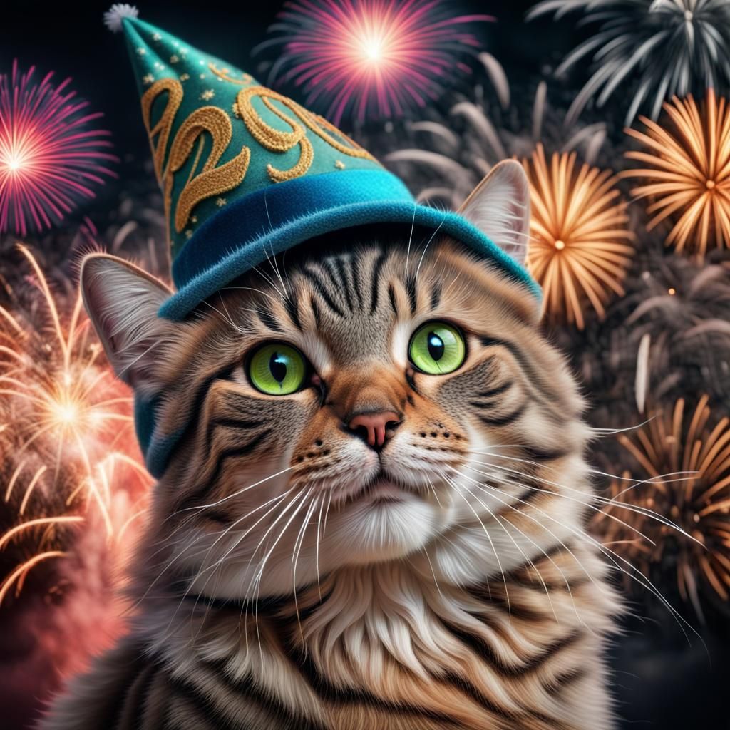 Festive Cat Celebrates New Year with Fireworks