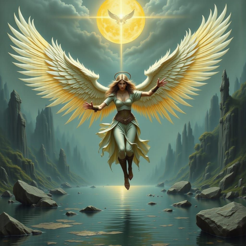 Angel Warrior Descending on Lake with Flowing Water