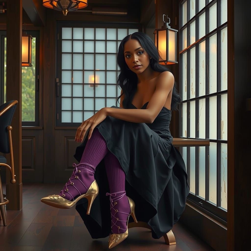 Woman in Japanese Cafe with Moody, Cinematic Style