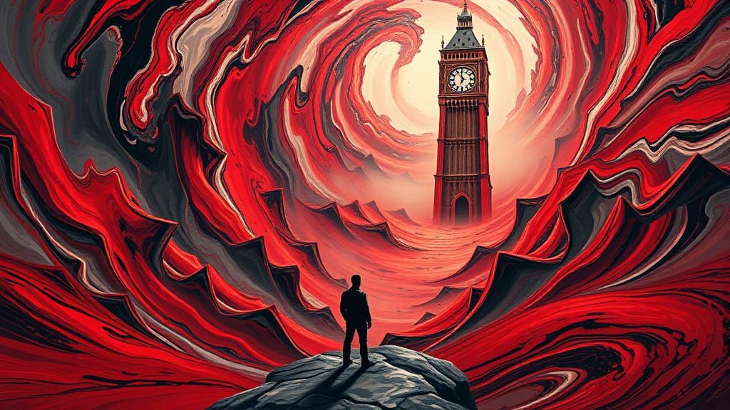 Man Stands at Edge of Swirling Vortex in Surreal, Chaotic La...