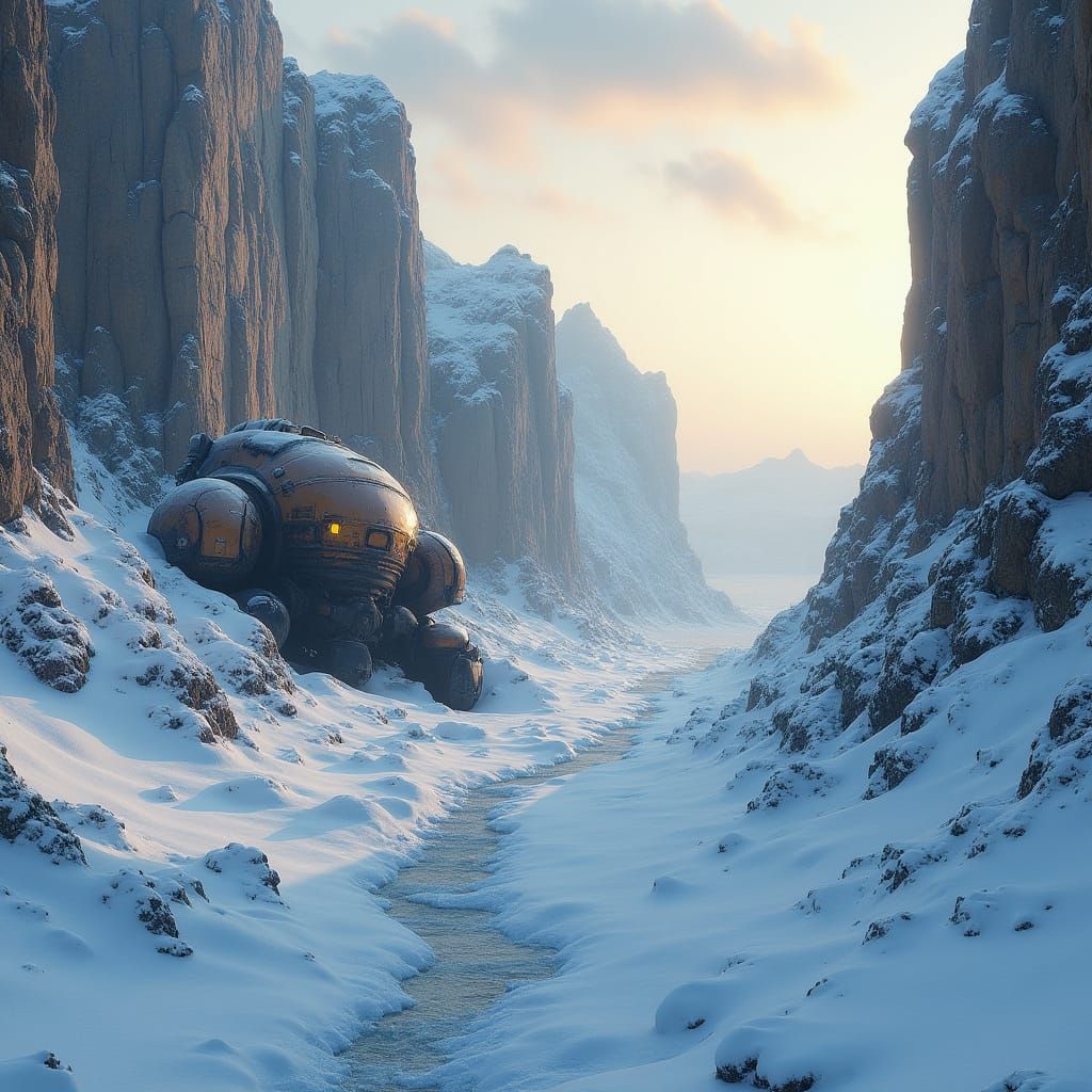 Snowy Canyon Landscape with Damaged Mech