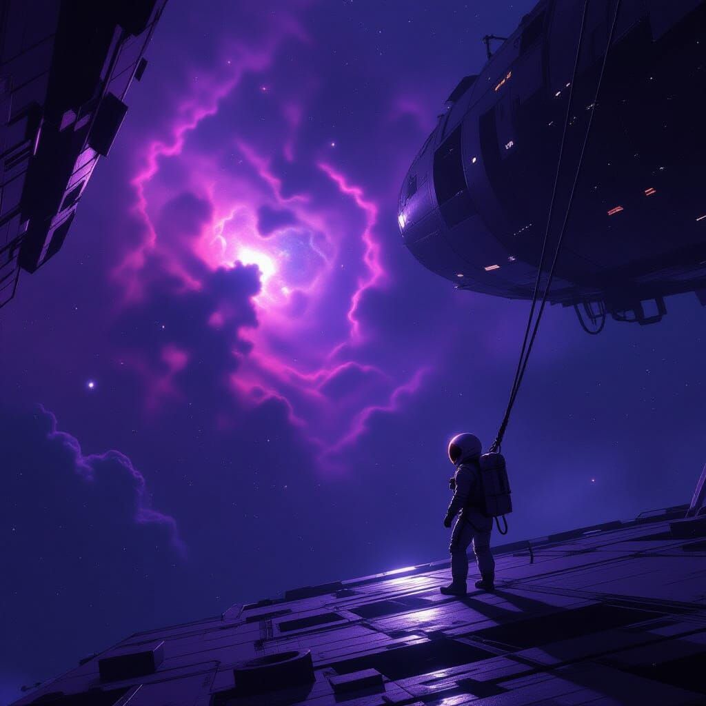 Astronaut Adrift in Cosmic Void Near Derelict Ship