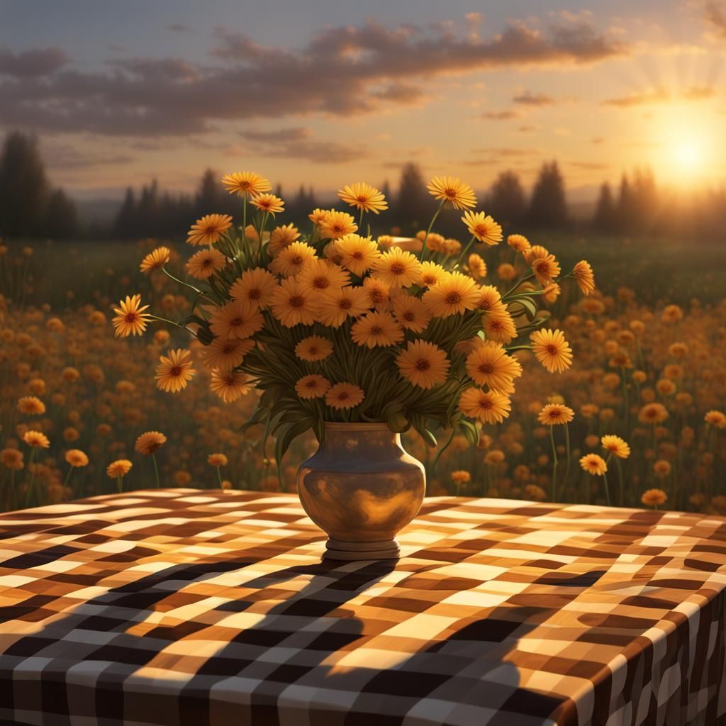 Sunset Hour: Flowers on Wooden Table