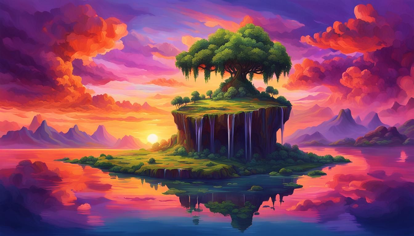 Floating Island Sunset: Impressionistic Surreal Artwork