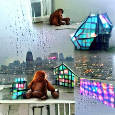 Holographic Orangutan Weeping in Rainy Penthouse