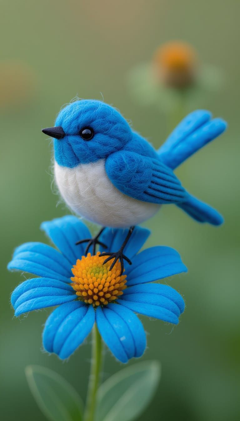 Fuzzy Felted Blue Bird on Flower, Textured 3D Art