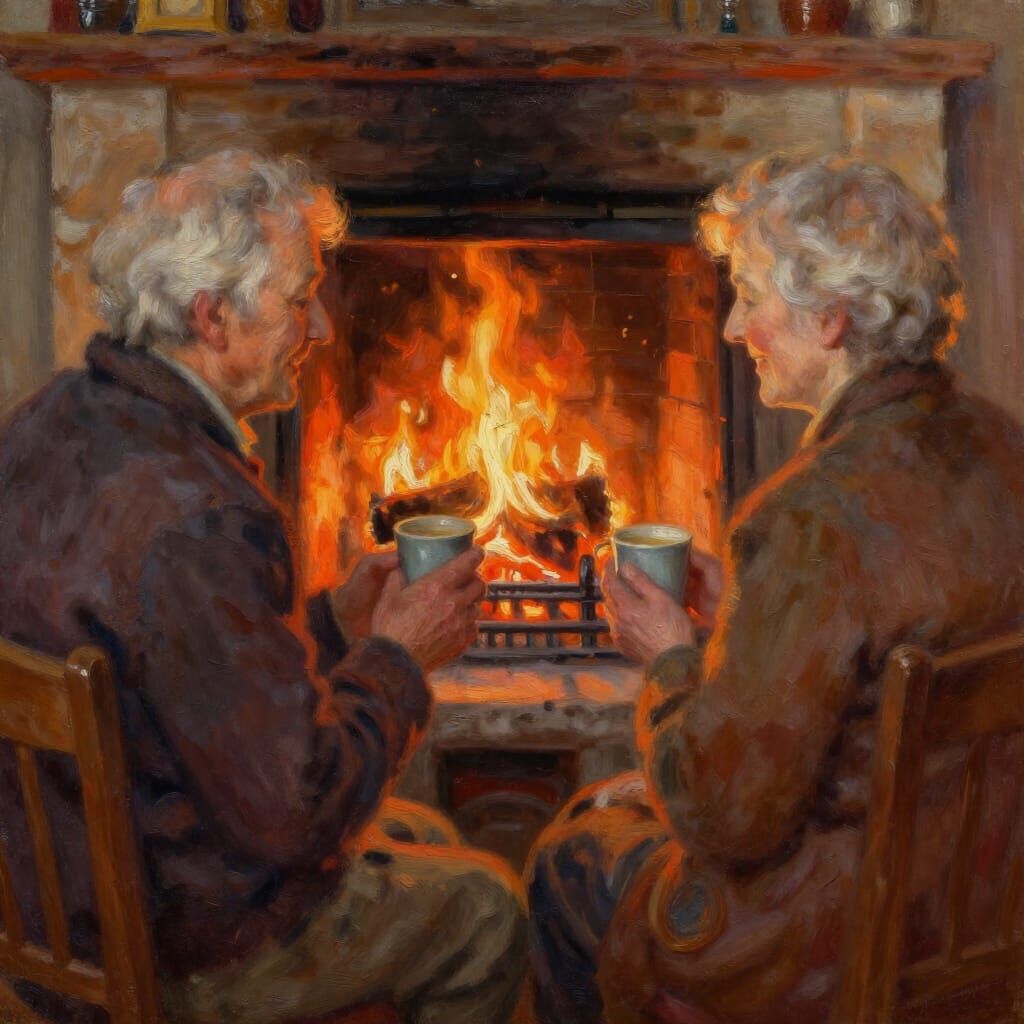 Elderly Couple by Fireplace in Impressionistic Oil Style