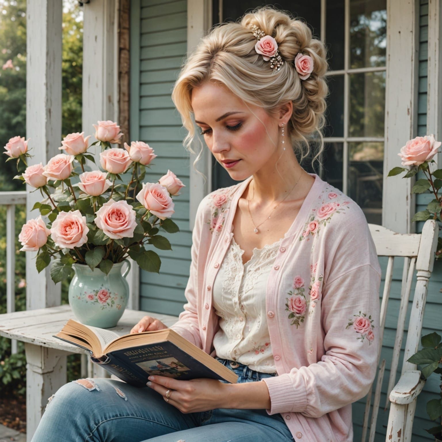Woman in Elegant Updo with Roses, Reading on Shabby Chic Por...