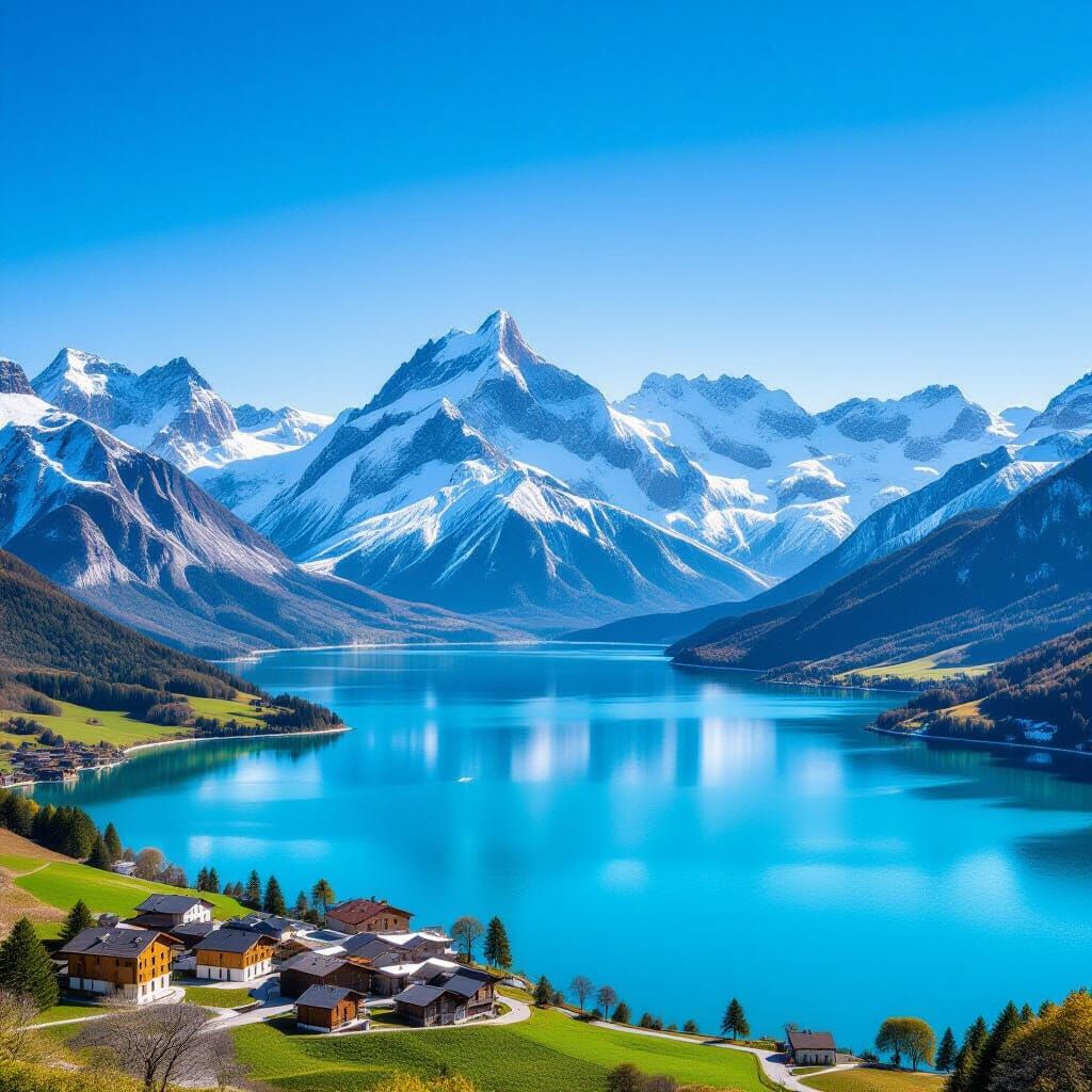 Snow-Capped Alps Mountains Overlooking Blue Lake Village
