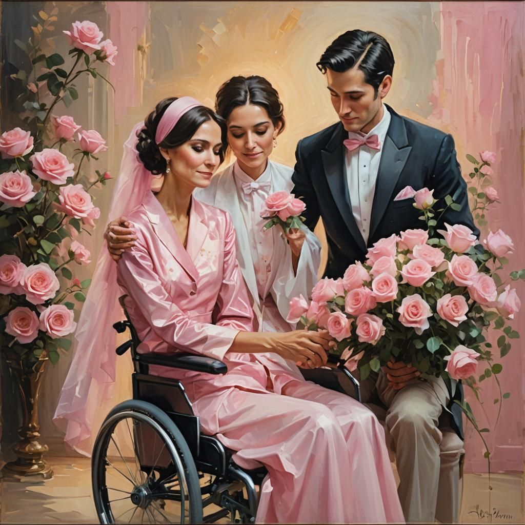 Romantic Oil Painting: Man Giving Roses to Woman