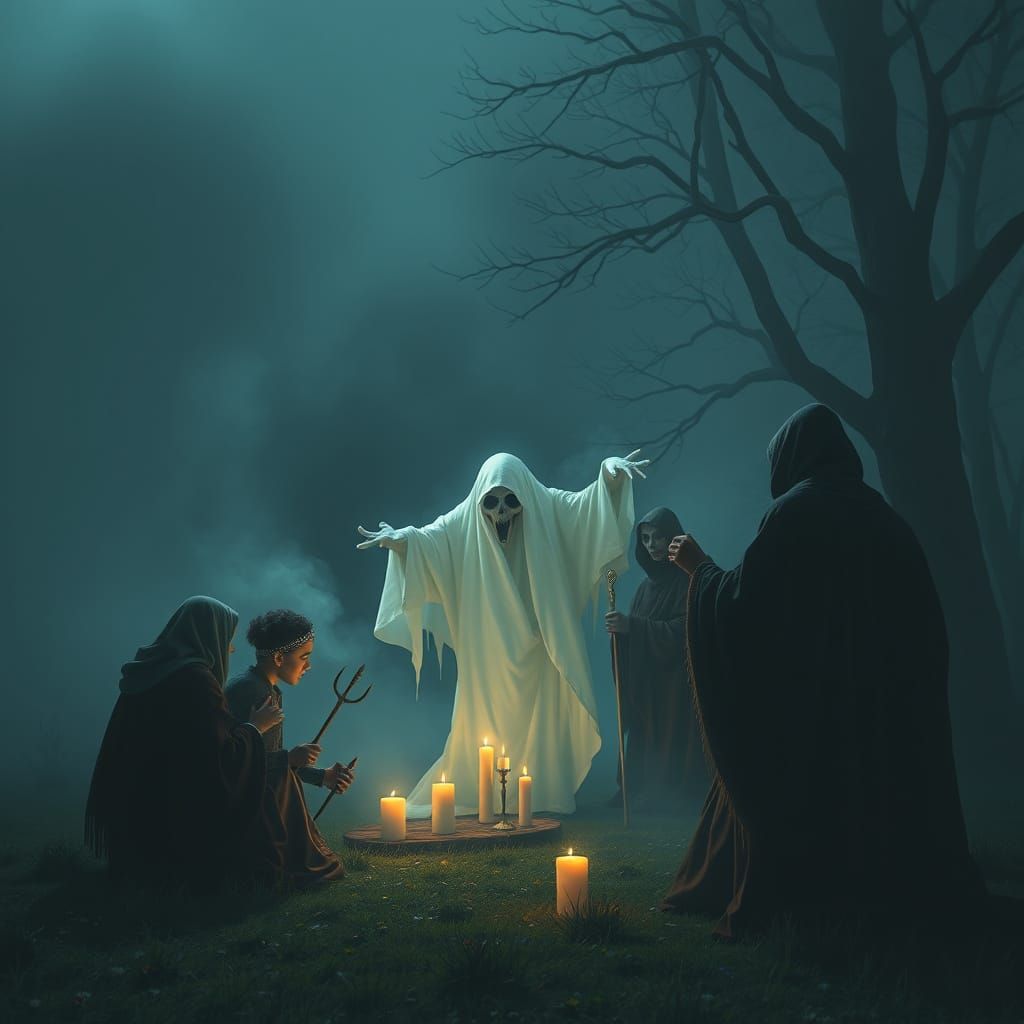 Eerie Seance Scene with Terrifying Ghost