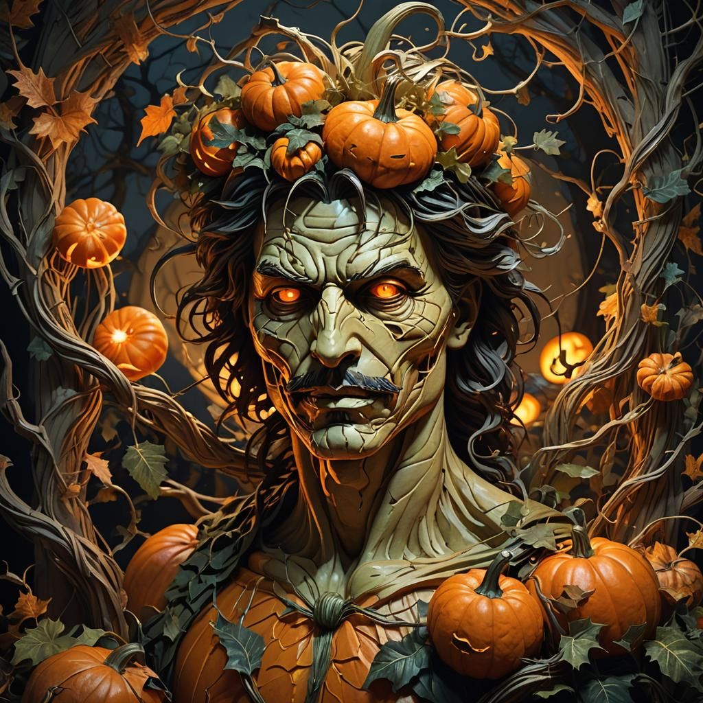 Glowing Jack-o'-Lantern Portrait in Art Nouveau Style