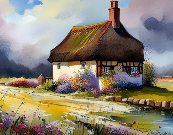 Charming Thatched-Roof House with Spring Garden, Watercolor ...